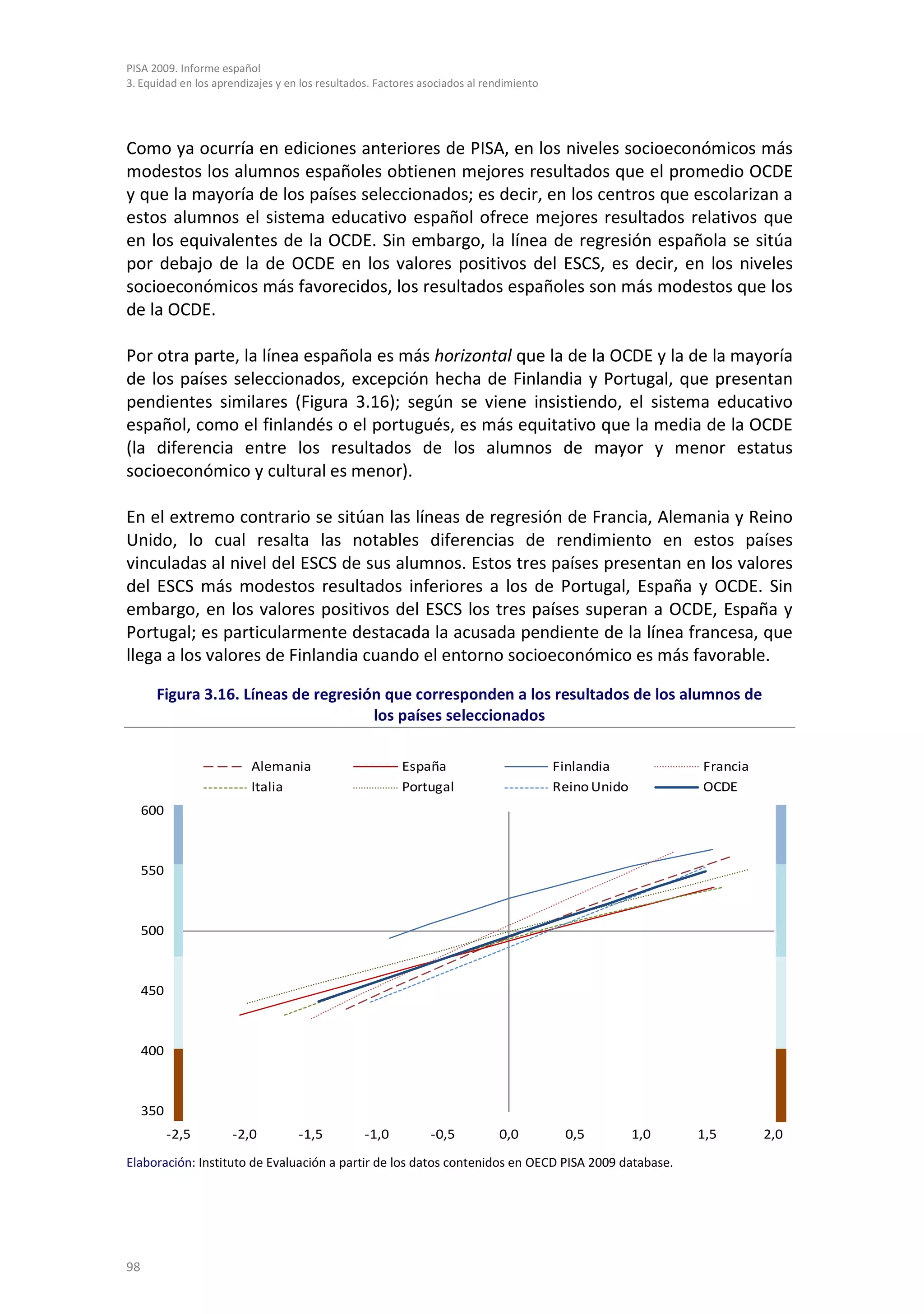 PISA 2009. Informe español
3. Equidad en los aprendizajes y en los resultados. Factores asociados al rendimiento




Como ya ocurría en ediciones anteriores de PISA, en los niveles socioeconómicos más
modestos los alumnos españoles obtienen mejores resultados que el promedio OCDE
y que la mayoría de los países seleccionados; es decir, en los centros que escolarizan a
estos alumnos el sistema educativo español ofrece mejores resultados relativos que
en los equivalentes de la OCDE. Sin embargo, la línea de regresión española se sitúa
por debajo de la de OCDE en los valores positivos del ESCS, es decir, en los niveles
socioeconómicos más favorecidos, los resultados españoles son más modestos que los
de la OCDE.

Por otra parte, la línea española es más horizontal que la de la OCDE y la de la mayoría
de los países seleccionados, excepción hecha de Finlandia y Portugal, que presentan
pendientes similares (Figura 3.16); según se viene insistiendo, el sistema educativo
español, como el finlandés o el portugués, es más equitativo que la media de la OCDE
(la diferencia entre los resultados de los alumnos de mayor y menor estatus
socioeconómico y cultural es menor).

En el extremo contrario se sitúan las líneas de regresión de Francia, Alemania y Reino
Unido, lo cual resalta las notables diferencias de rendimiento en estos países
vinculadas al nivel del ESCS de sus alumnos. Estos tres países presentan en los valores
del ESCS más modestos resultados inferiores a los de Portugal, España y OCDE. Sin
embargo, en los valores positivos del ESCS los tres países superan a OCDE, España y
Portugal; es particularmente destacada la acusada pendiente de la línea francesa, que
llega a los valores de Finlandia cuando el entorno socioeconómico es más favorable.

       Figura 3.16. Líneas de regresión que corresponden a los resultados de los alumnos de
                                      los países seleccionados

                         Alemania                       España                          Finlandia           Francia
                         Italia                         Portugal                        Reino Unido         OCDE
     600



     550



     500



     450



     400



     350
           -2,5      -2,0          -1,5          -1,0         -0,5          0,0          0,5          1,0   1,5       2,0
Elaboración: Instituto de Evaluación a partir de los datos contenidos en OECD PISA 2009 database.




98
 