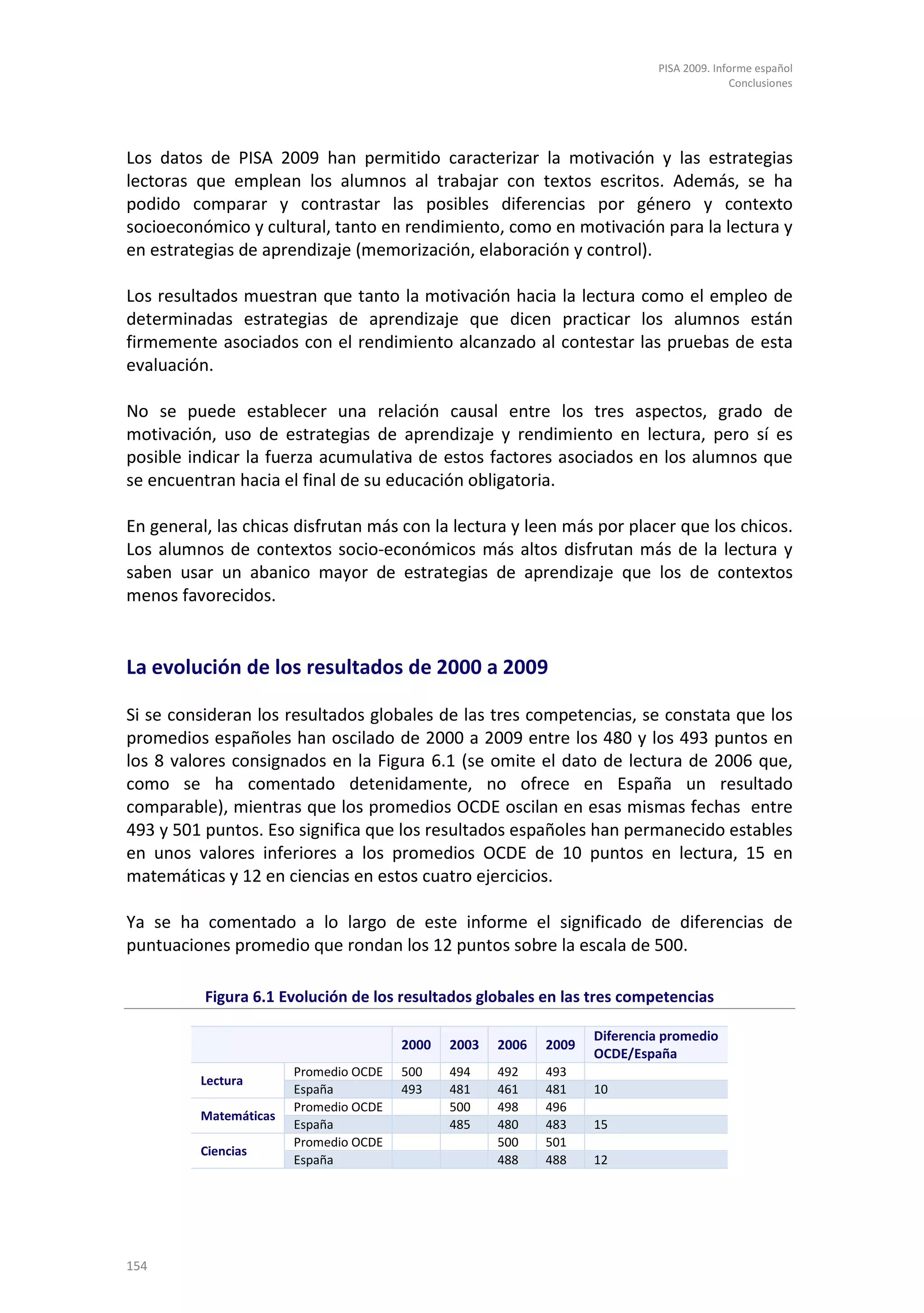 PISA 2009. Informe español
                                                                                          Conclusiones




Los datos de PISA 2009 han permitido caracterizar la motivación y las estrategias
lectoras que emplean los alumnos al trabajar con textos escritos. Además, se ha
podido comparar y contrastar las posibles diferencias por género y contexto
socioeconómico y cultural, tanto en rendimiento, como en motivación para la lectura y
en estrategias de aprendizaje (memorización, elaboración y control).

Los resultados muestran que tanto la motivación hacia la lectura como el empleo de
determinadas estrategias de aprendizaje que dicen practicar los alumnos están
firmemente asociados con el rendimiento alcanzado al contestar las pruebas de esta
evaluación.

No se puede establecer una relación causal entre los tres aspectos, grado de
motivación, uso de estrategias de aprendizaje y rendimiento en lectura, pero sí es
posible indicar la fuerza acumulativa de estos factores asociados en los alumnos que
se encuentran hacia el final de su educación obligatoria.

En general, las chicas disfrutan más con la lectura y leen más por placer que los chicos.
Los alumnos de contextos socio-económicos más altos disfrutan más de la lectura y
saben usar un abanico mayor de estrategias de aprendizaje que los de contextos
menos favorecidos.


La evolución de los resultados de 2000 a 2009

Si se consideran los resultados globales de las tres competencias, se constata que los
promedios españoles han oscilado de 2000 a 2009 entre los 480 y los 493 puntos en
los 8 valores consignados en la Figura 6.1 (se omite el dato de lectura de 2006 que,
como se ha comentado detenidamente, no ofrece en España un resultado
comparable), mientras que los promedios OCDE oscilan en esas mismas fechas entre
493 y 501 puntos. Eso significa que los resultados españoles han permanecido estables
en unos valores inferiores a los promedios OCDE de 10 puntos en lectura, 15 en
matemáticas y 12 en ciencias en estos cuatro ejercicios.

Ya se ha comentado a lo largo de este informe el significado de diferencias de
puntuaciones promedio que rondan los 12 puntos sobre la escala de 500.

          Figura 6.1 Evolución de los resultados globales en las tres competencias

                                                                   Diferencia promedio
                                       2000   2003   2006   2009
                                                                   OCDE/España
                       Promedio OCDE   500    494    492    493
         Lectura
                       España          493    481    461    481    10
                       Promedio OCDE          500    498    496
         Matemáticas
                       España                 485    480    483    15
                       Promedio OCDE                 500    501
         Ciencias
                       España                        488    488    12




154
 