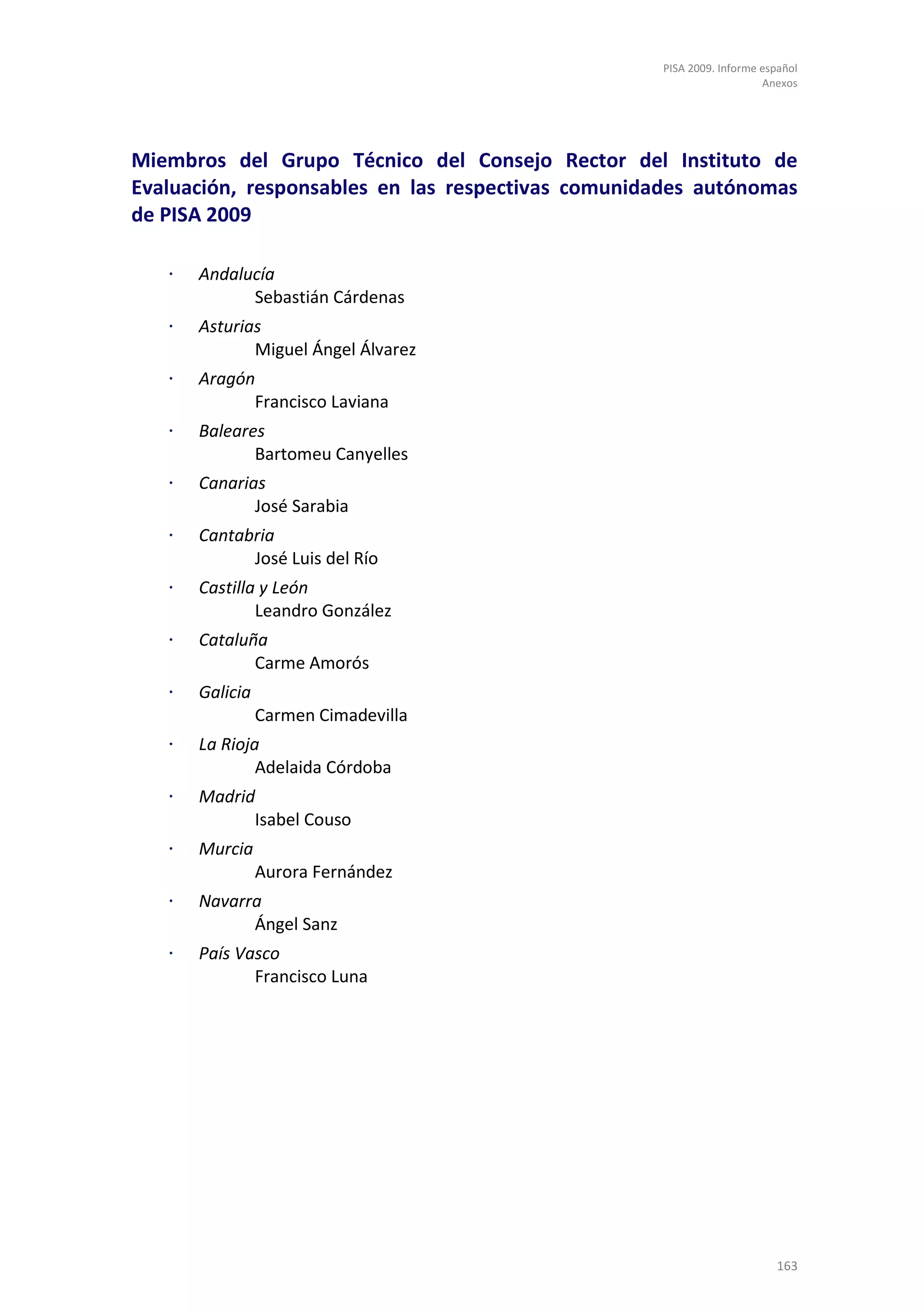 PISA 2009. Informe español
                                                                      Anexos




Miembros del Grupo Técnico del Consejo Rector del Instituto de
Evaluación, responsables en las respectivas comunidades autónomas
de PISA 2009

   ⋅   Andalucía
             Sebastián Cárdenas
   ⋅   Asturias
              Miguel Ángel Álvarez
   ⋅   Aragón
             Francisco Laviana
   ⋅   Baleares
              Bartomeu Canyelles
   ⋅   Canarias
              José Sarabia
   ⋅   Cantabria
             José Luis del Río
   ⋅   Castilla y León
               Leandro González
   ⋅   Cataluña
              Carme Amorós
   ⋅   Galicia
                 Carmen Cimadevilla
   ⋅   La Rioja
               Adelaida Córdoba
   ⋅   Madrid
             Isabel Couso
   ⋅   Murcia
                 Aurora Fernández
   ⋅   Navarra
             Ángel Sanz
   ⋅   País Vasco
              Francisco Luna




                                                                        163
 