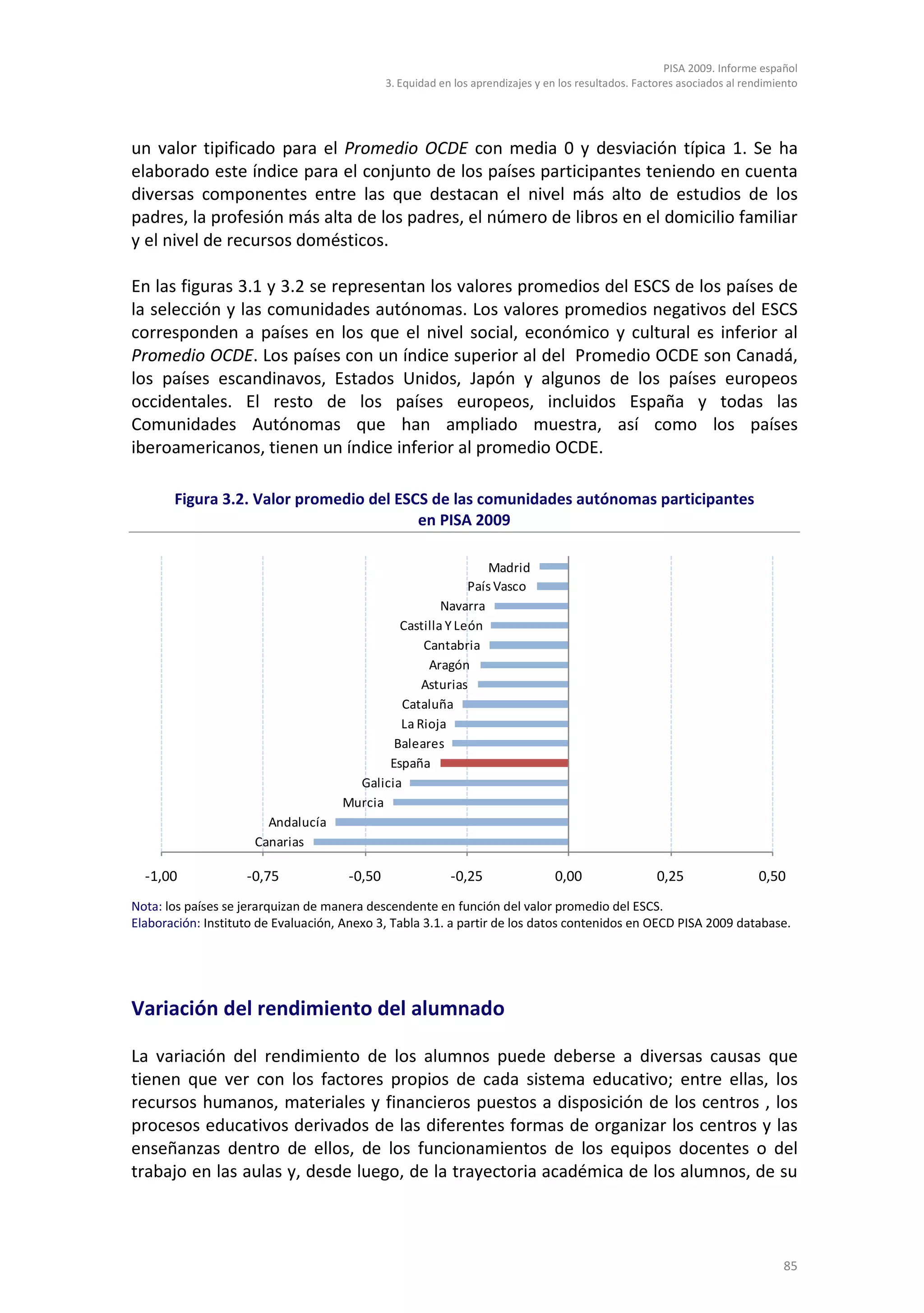 PISA 2009. Informe español
                                              3. Equidad en los aprendizajes y en los resultados. Factores asociados al rendimiento




un valor tipificado para el Promedio OCDE con media 0 y desviación típica 1. Se ha
elaborado este índice para el conjunto de los países participantes teniendo en cuenta
diversas componentes entre las que destacan el nivel más alto de estudios de los
padres, la profesión más alta de los padres, el número de libros en el domicilio familiar
y el nivel de recursos domésticos.

En las figuras 3.1 y 3.2 se representan los valores promedios del ESCS de los países de
la selección y las comunidades autónomas. Los valores promedios negativos del ESCS
corresponden a países en los que el nivel social, económico y cultural es inferior al
Promedio OCDE. Los países con un índice superior al del Promedio OCDE son Canadá,
los países escandinavos, Estados Unidos, Japón y algunos de los países europeos
occidentales. El resto de los países europeos, incluidos España y todas las
Comunidades Autónomas que han ampliado muestra, así como los países
iberoamericanos, tienen un índice inferior al promedio OCDE.

       Figura 3.2. Valor promedio del ESCS de las comunidades autónomas participantes
                                         en PISA 2009

                                                               Madrid
                                                           País Vasco
                                                      Navarra
                                              Castilla Y León
                                                  Cantabria
                                                   Aragón
                                                  Asturias
                                               Cataluña
                                              La Rioja
                                             Baleares
                                            España
                                       Galicia
                                     Murcia
                        Andalucía
                      Canarias

  -1,00             -0,75             -0,50                -0,25                0,00                 0,25                 0,50
Nota: los países se jerarquizan de manera descendente en función del valor promedio del ESCS.
Elaboración: Instituto de Evaluación, Anexo 3, Tabla 3.1. a partir de los datos contenidos en OECD PISA 2009 database.




Variación del rendimiento del alumnado

La variación del rendimiento de los alumnos puede deberse a diversas causas que
tienen que ver con los factores propios de cada sistema educativo; entre ellas, los
recursos humanos, materiales y financieros puestos a disposición de los centros , los
procesos educativos derivados de las diferentes formas de organizar los centros y las
enseñanzas dentro de ellos, de los funcionamientos de los equipos docentes o del
trabajo en las aulas y, desde luego, de la trayectoria académica de los alumnos, de su



                                                                                                                                85
 