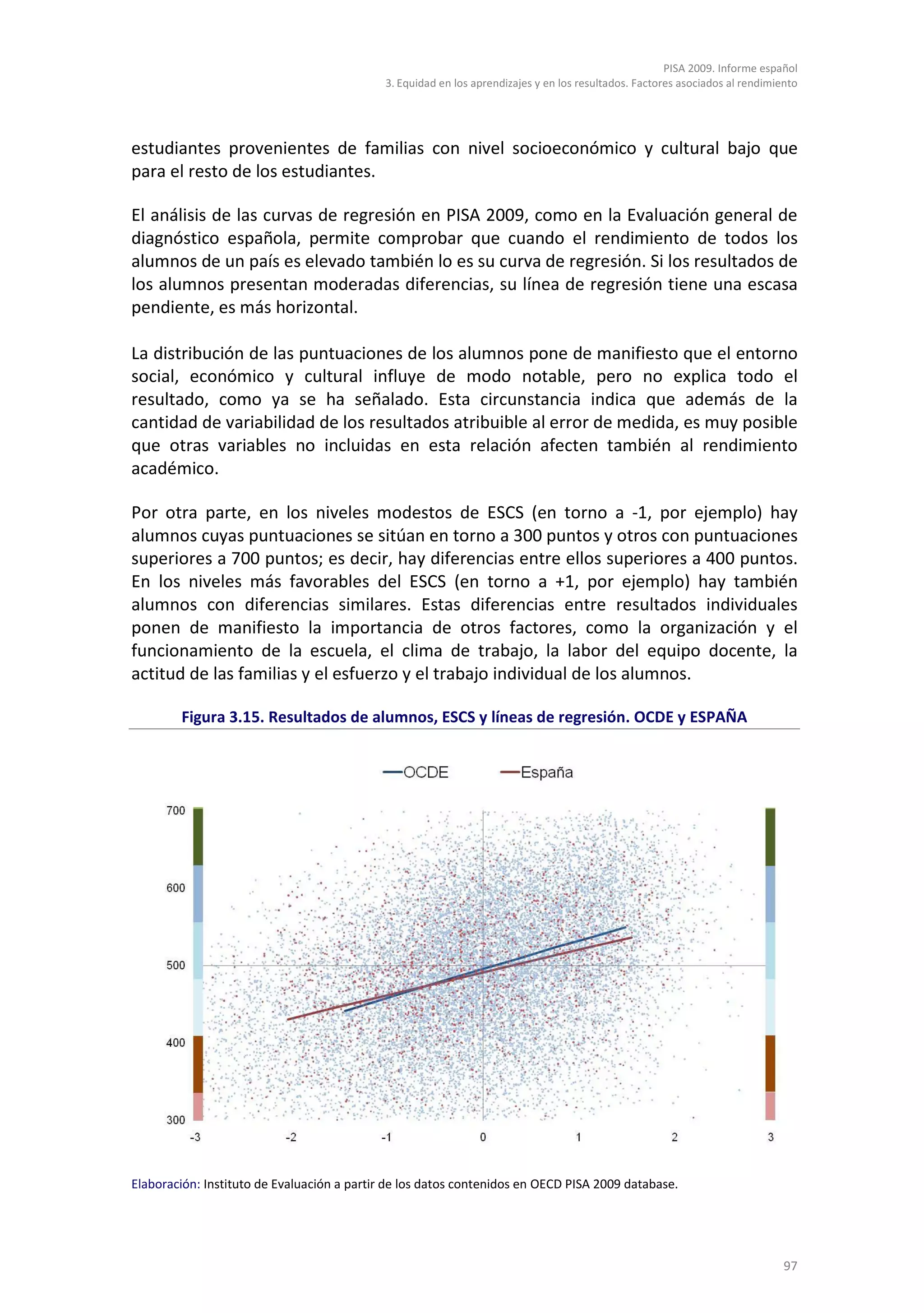 PISA 2009. Informe español
                                             3. Equidad en los aprendizajes y en los resultados. Factores asociados al rendimiento




estudiantes provenientes de familias con nivel socioeconómico y cultural bajo que
para el resto de los estudiantes.

El análisis de las curvas de regresión en PISA 2009, como en la Evaluación general de
diagnóstico española, permite comprobar que cuando el rendimiento de todos los
alumnos de un país es elevado también lo es su curva de regresión. Si los resultados de
los alumnos presentan moderadas diferencias, su línea de regresión tiene una escasa
pendiente, es más horizontal.

La distribución de las puntuaciones de los alumnos pone de manifiesto que el entorno
social, económico y cultural influye de modo notable, pero no explica todo el
resultado, como ya se ha señalado. Esta circunstancia indica que además de la
cantidad de variabilidad de los resultados atribuible al error de medida, es muy posible
que otras variables no incluidas en esta relación afecten también al rendimiento
académico.

Por otra parte, en los niveles modestos de ESCS (en torno a -1, por ejemplo) hay
alumnos cuyas puntuaciones se sitúan en torno a 300 puntos y otros con puntuaciones
superiores a 700 puntos; es decir, hay diferencias entre ellos superiores a 400 puntos.
En los niveles más favorables del ESCS (en torno a +1, por ejemplo) hay también
alumnos con diferencias similares. Estas diferencias entre resultados individuales
ponen de manifiesto la importancia de otros factores, como la organización y el
funcionamiento de la escuela, el clima de trabajo, la labor del equipo docente, la
actitud de las familias y el esfuerzo y el trabajo individual de los alumnos.

        Figura 3.15. Resultados de alumnos, ESCS y líneas de regresión. OCDE y ESPAÑA




Elaboración: Instituto de Evaluación a partir de los datos contenidos en OECD PISA 2009 database.




                                                                                                                               97
 