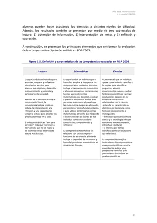 PISA 2009. Informe español
1. El estudio PISA 2009
23
alumnos pueden hacer asociando los ejercicios a distintos niveles de dificultad.
Además, los resultados también se presentan por medio de tres sub-escalas de
lectura: 1) obtención de información, 2) interpretación de textos y 3) reflexión y
valoración.
A continuación, se presentan los principales elementos que conforman la evaluación
de las competencias objeto de análisis en PISA 2009.
Figura 1.5. Definición y características de las competencias evaluadas en PISA 2009
Lectura Matemáticas Ciencias
La capacidad de un individuo para
entender, emplear y reflexionar
sobre textos escritos para
alcanzar sus objetivos, desarrollar
su conocimiento y potencial, y
participar en la sociedad.
Además de la decodificación y la
comprensión literal, la
competencia lectora implica la
lectura, la interpretación y la
reflexión, y una capacidad de
utilizar la lectura para alcanzar los
propios objetivos en la vida.
El enfoque de PISA es “leer para
aprender” más que “aprender a
leer”; de ahí que no se evalúe a
los alumnos en las destrezas de
lectura más básicas.
La capacidad de un individuo para
formular, emplear e interpretar las
matemáticas en contextos distintos.
Incluye el razonamiento matemático
y el uso de conceptos, herramientas,
hechos y procedimientos
matemáticos para describir, explicar
y predecir fenómenos. Ayuda a las
personas a reconocer el papel que
las matemáticas juegan en el mundo,
para sostener juicios fundamentados
y para utilizar e interesarse por las
matemáticas, de forma que responda
a las necesidades de la vida de ese
individuo como un ciudadano
constructivo, comprometido y
reflexivo.
La competencia matemática se
relaciona con un uso amplio y
funcional de esa ciencia; el interés
incluye la capacidad de reconocer y
formular problemas matemáticos en
situaciones diversas.
El grado en el que un individuo:
-posee conocimiento científico y
lo emplea para identificar
preguntas, adquirir
conocimientos nuevos, explicar
fenómenos científicos y extraer
conclusiones basadas en la
evidencia sobre temas
relacionados con la ciencia;
-entiende las características
distintivas de la ciencia como
forma de conocimiento e
investigación;
- demuestra que sabe cómo la
ciencia y la tecnología influyen
en nuestro entorno material,
intelectual y cultural;
- se interesa por temas
científicos como un ciudadano
que reflexiona.
La competencia científica
implica tanto la comprensión de
conceptos científicos como la
capacidad de aplicar una
perspectiva científica y de
pensamiento basándose en
pruebas científicas.
 