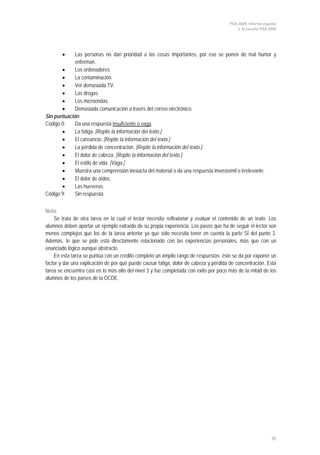 PISA 2009. Informe español
1. El estudio PISA 2009
35
• Las personas no dan prioridad a las cosas importantes, por eso se ponen de mal humor y
enferman.
• Los ordenadores.
• La contaminación.
• Ver demasiada TV.
• Las drogas.
• Los microondas.
• Demasiada comunicación a través del correo electrónico.
Sin puntuación
Código 0: Da una respuesta insuficiente o vaga
• La fatiga. [Repite la información del texto.]
.
• El cansancio. [Repite la información del texto.]
• La pérdida de concentración. [Repite la información del texto.]
• El dolor de cabeza. [Repite la información del texto.]
• El estilo de vida. [Vaga.]
• Muestra una comprensión inexacta del material o da una respuesta inverosímil o irrelevante.
• El dolor de oídos.
• Las hueveras.
Código 9: Sin respuesta.
Nota:
Se trata de otra tarea en la cual el lector necesita reflexionar y evaluar el contenido de un texto. Los
alumnos deben aportar un ejemplo extraído de su propia experiencia. Los pasos que ha de seguir el lector son
menos complejos que los de la tarea anterior ya que sólo necesita tener en cuenta la parte SÍ del punto 3.
Además, lo que se pide está directamente relacionado con las experiencias personales, más que con un
enunciado lógico aunque abstracto.
En esta tarea se puntúa con un crédito completo un amplio rango de respuestas; éste se da por exponer un
factor y dar una explicación de por qué puede causar fatiga, dolor de cabeza y pérdida de concentración. Esta
tarea se encuentra casi en lo más alto del nivel 3 y fue completada con éxito por poco más de la mitad de los
alumnos de los países de la OCDE.
 