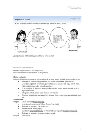 PISA 2009. Informe español
1. El estudio PISA 2009
47
Pregunta 3: EL AVARO R433Q05 – 019
He aquí parte de la conversación entre dos personas que leyeron «El avaro y su oro».
Interlocutora 1
Interlocutor 2
¿Qué podría decir el Interlocutor 2 para justificar su punto de vista?
…………………………………………………………………………………………………………………………………
………………………………………………………………………………………………………..……………………
FINALIDAD DE LA PREGUNTA:
Integrar e interpretar: elaborar una interpretación.
Relacionar un detalle de una fábula con su idea principal.
Máxima puntuación
Código 1: Identifica que el mensaje de la historia depende de que el oro sea sustituido por algo inútil o sin valor
• Tenía que ser sustituido por algo sin valor para hacerle comprender lo que quería decir.
.
• La piedra es importante en la historia, pues se trata de ver que, para todo lo que le sirvió el oro,
hubiese sido lo mismo haber enterrado una piedra.
• Si se sustituyese por algo mejor que una piedra no tendría sentido, pues lo enterrado ha de ser
algo realmente inútil.
• ¡Una piedra es inútil, al igual que el oro lo era para el avaro!
• Algo mejor sería algo que podría usar. Pero él no usó el oro y eso es lo que quería indicarle aquel
tipo.
Sin puntuación
Código 0: Da una respuesta insuficiente o vaga
• La piedra era importante en la historia. [Repite el enunciado.]
.
• Tenía que ser una piedra. [Sin explicación.]
• No habría sido lo mismo. [Vaga.]
Muestra una comprensión inexacta del material o da una respuesta inverosímil o irrelevante
• Tenía que ser una piedra porque una piedra es pesada.
.
Código 9: Sin respuesta.
El vecino fue cruel.
Podía haber
aconsejado sustituir
el oro por algo mejor
que una piedra.
No, no podía.
La piedra era
importante en la
historia.
 