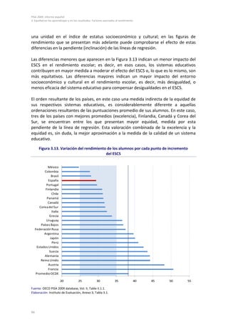 PISA 2009. Informe español
3. Equidad en los aprendizajes y en los resultados. Factores asociados al rendimiento
94
una unidad en el índice de estatus socioeconómico y cultural; en las figuras de
rendimiento que se presentan más adelante puede comprobarse el efecto de estas
diferencias en la pendiente (inclinación) de las líneas de regresión.
Las diferencias menores que aparecen en la Figura 3.13 indican un menor impacto del
ESCS en el rendimiento escolar; es decir, en esos casos, los sistemas educativos
contribuyen en mayor medida a moderar el efecto del ESCS o, lo que es lo mismo, son
más equitativos. Las diferencias mayores indican un mayor impacto del entorno
socioeconómico y cultural en el rendimiento escolar, es decir, más desigualdad, o
menos eficacia del sistema educativo para compensar desigualdades en el ESCS.
El orden resultante de los países, en este caso una medida indirecta de la equidad de
sus respectivos sistemas educativos, es considerablemente diferente a aquellas
ordenaciones resultantes de las puntuaciones promedio de sus alumnos. En este caso,
tres de los países con mejores promedios (excelencia), Finlandia, Canadá y Corea del
Sur, se encuentran entre los que presentan mayor equidad, medida por esta
pendiente de la línea de regresión. Esta valoración combinada de la excelencia y la
equidad es, sin duda, la mejor aproximación a la medida de la calidad de un sistema
educativo.
Figura 3.13. Variación del rendimiento de los alumnos por cada punto de incremento
del ESCS
Fuente: OECD PISA 2009 database, Vol. II, Table II.1.1.
Elaboración: Instituto de Evaluación, Anexo 3, Tabla 3.1.
20 25 30 35 40 45 50 55
México
Colombia
Brasil
España
Portugal
Finlandia
Chile
Panamá
Canadá
CoreadelSur
Italia
Grecia
Uruguay
Países Bajos
Federación Rusa
Argentina
Japón
Perú
Estados Unidos
Suecia
Alemania
Reino Unido
Austria
Francia
Promedio OCDE
 
