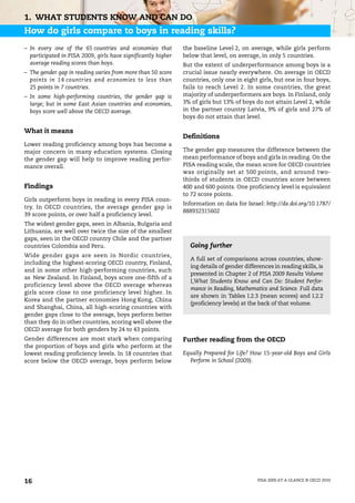 1. WHAT STUDENTS KNOW AND CAN DO
How do girls compare to boys in reading skills?
– In every one of the 65 countries and economies that          the baseline Level 2, on average, while girls perform
  participated in PISA 2009, girls have significantly higher   below that level, on average, in only 5 countries.
  average reading scores than boys.                            But the extent of underperformance among boys is a
– The gender gap in reading varies from more than 50 score     crucial issue nearly everywhere. On average in OECD
  points in 14 countries and economies to less than            countries, only one in eight girls, but one in four boys,
  25 points in 7 countries.                                    fails to reach Level 2. In some countries, the great
– In some high-performing countries, the gender gap is         majority of underperformers are boys. In Finland, only
  large; but in some East Asian countries and economies,       3% of girls but 13% of boys do not attain Level 2, while
  boys score well above the OECD average.                      in the partner country Latvia, 9% of girls and 27% of
                                                               boys do not attain that level.

What it means
                                                               Definitions
Lower reading proficiency among boys has become a
major concern in many education systems. Closing               The gender gap measures the difference between the
the gender gap will help to improve reading perfor-            mean performance of boys and girls in reading. On the
mance overall.                                                 PISA reading scale, the mean score for OECD countries
                                                               was originally set at 500 points, and around two-
                                                               thirds of students in OECD countries score between
Findings                                                       400 and 600 points. One proficiency level is equivalent
                                                               to 72 score points.
Girls outperform boys in reading in every PISA coun-
                                                               Information on data for Israel: http://dx.doi.org/10.1787/
try. In OECD countries, the average gender gap is
                                                               888932315602
39 score points, or over half a proficiency level.
The widest gender gaps, seen in Albania, Bulgaria and
Lithuania, are well over twice the size of the smallest
gaps, seen in the OECD country Chile and the partner
countries Colombia and Peru.                                     Going further
Wide gender gaps are seen in Nordic countries,
                                                                 A full set of comparisons across countries, show-
including the highest-scoring OECD country, Finland,
                                                                 ing details of gender differences in reading skills, is
and in some other high-performing countries, such
                                                                 presented in Chapter 2 of PISA 2009 Results Volume
as New Zealand. In Finland, boys score one-fifth of a
                                                                 I,What Students Know and Can Do: Student Perfor-
proficiency level above the OECD average whereas
                                                                 mance in Reading, Mathematics and Science. Full data
girls score close to one proficiency level higher. In
                                                                 are shown in Tables I.2.3 (mean scores) and I.2.2
Korea and the partner economies Hong Kong, China
                                                                 (proficiency levels) at the back of that volume.
and Shanghai, China, all high-scoring countries with
gender gaps close to the average, boys perform better
than they do in other countries, scoring well above the
OECD average for both genders by 24 to 43 points.
Gender differences are most stark when comparing               Further reading from the OECD
the proportion of boys and girls who perform at the
lowest reading proficiency levels. In 18 countries that        Equally Prepared for Life? How 15-year-old Boys and Girls
score below the OECD average, boys perform below                 Perform in School (2009).




16                                                                                          PISA 2009 AT A GLANCE © OECD 2010
 