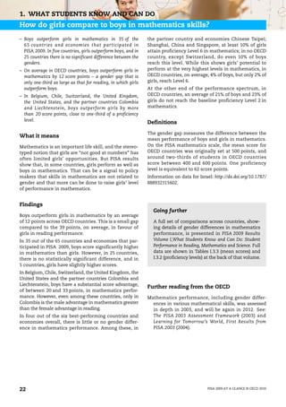 1. WHAT STUDENTS KNOW AND CAN DO
How do girls compare to boys in mathematics skills?
– Boys outperform girls in mathematics in 35 of the             the partner country and economies Chinese Taipei;
  65 countries and economies that participated in               Shanghai, China and Singapore, at least 10% of girls
  PISA 2009. In five countries, girls outperform boys, and in   attain proficiency Level 6 in mathematics; in no OECD
  25 countries there is no significant difference between the   country, except Switzerland, do even 10% of boys
  genders.                                                      reach this level. While this shows girls’ potential to
– On average in OECD countries, boys outperform girls in        perform at the very highest levels in mathematics, in
  mathematics by 12 score points – a gender gap that is         OECD countries, on average, 4% of boys, but only 2% of
  only one-third as large as that for reading, in which girls   girls, reach Level 6.
  outperform boys.                                              At the other end of the performance spectrum, in
– In Belgium, Chile, Switzerland, the United Kingdom,           OECD countries, an average of 21% of boys and 23% of
  the United States, and the partner countries Colombia         girls do not reach the baseline proficiency Level 2 in
  and Liechtenstein, boys outperform girls by more              mathematics.
  than 20 score points, close to one-third of a proficiency
  level.
                                                                Definitions

                                                                The gender gap measures the difference between the
What it means
                                                                mean performance of boys and girls in mathematics.
Mathematics is an important life skill, and the stereo-         On the PISA mathematics scale, the mean score for
typed notion that girls are “not good at numbers” has           OECD countries was originally set at 500 points, and
often limited girls’ opportunities. But PISA results            around two-thirds of students in OECD countries
show that, in some countries, girls perform as well as          score between 400 and 600 points. One proficiency
boys in mathematics. That can be a signal to policy             level is equivalent to 62 score points.
makers that skills in mathematics are not related to            Information on data for Israel: http://dx.doi.org/10.1787/
gender and that more can be done to raise girls’ level          888932315602.
of performance in mathematics.


Findings
                                                                  Going further
Boys outperform girls in mathematics by an average
of 12 points across OECD countries. This is a small gap           A full set of comparisons across countries, show-
compared to the 39 points, on average, in favour of               ing details of gender differences in mathematics
girls in reading performance.                                     performance, is presented in PISA 2009 Results
In 35 out of the 65 countries and economies that par-             Volume I,What Students Know and Can Do: Student
ticipated in PISA 2009, boys score significantly higher           Performance in Reading, Mathematics and Science. Full
in mathematics than girls. However, in 25 countries,              data are shown in Tables I.3.3 (mean scores) and
there is no statistically significant difference, and in          I.3.2 (proficiency levels) at the back of that volume.
5 countries, girls have slightly higher scores.
In Belgium, Chile, Switzerland, the United Kingdom, the
United States and the partner countries Colombia and
Liechtenstein, boys have a substantial score advantage,
                                                                Further reading from the OECD
of between 20 and 33 points, in mathematics perfor-
mance. However, even among these countries, only in             Mathematics performance, including gender differ-
Colombia is the male advantage in mathematics greater             ences in various mathematical skills, was assessed
than the female advantage in reading.                             in depth in 2003, and will be again in 2012. See:
In four out of the six best-performing countries and              The PISA 2003 Assessment Framework (2003) and
economies overall, there is little or no gender differ-           Learning for Tomorrow’s World, First Results from
ence in mathematics performance. Among these, in                  PISA 2003 (2004).




22                                                                                           PISA 2009 AT A GLANCE © OECD 2010
 