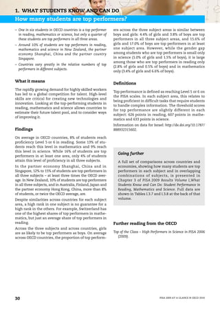 1. WHAT STUDENTS KNOW AND CAN DO
How many students are top performers?
– One in six students in OECD countries is a top performer    ers across the three subject areas is similar between
  in reading, mathematics or science, but only a quarter of   boys and girls: 4.4% of girls and 3.8% of boys are top
  these students are top performers in all three areas.       performers in all three subject areas, and 15.6% of
– Around 10% of students are top performers in reading,       girls and 17.0% of boys are top performers in at least
  mathematics and science in New Zealand, the partner         one subject area. However, while the gender gap
  economy Shanghai, China and the partner country             among students who are top performers is small only
  Singapore.                                                  in science (1.0% of girls and 1.5% of boys), it is large
                                                              among those who are top performers in reading only
– Countries vary greatly in the relative numbers of top
                                                              (2.8% of girls and 0.5% of boys) and in mathematics
  performers in different subjects.
                                                              only (3.4% of girls and 6.6% of boys).

What it means
                                                              Definitions
The rapidly growing demand for highly skilled workers
                                                              Top performance is defined as reaching Level 5 or 6 on
has led to a global competition for talent. High-level
                                                              the PISA scales. In each subject area, this relates to
skills are critical for creating new technologies and
                                                              being proficient in difficult tasks that require students
innovation. Looking at the top-performing students in
                                                              to handle complex information. The threshold scores
reading, mathematics and science allows countries to
                                                              for top performance are slightly different in each
estimate their future talent pool, and to consider ways
                                                              subject: 626 points in reading, 607 points in mathe-
of improving it.
                                                              matics and 633 points in science.
                                                              Information on data for Israel: http://dx.doi.org/10.1787/
Findings                                                      888932315602.

On average in OECD countries, 8% of students reach
proficiency Level 5 or 6 in reading. Some 13% of stu-
dents reach this level in mathematics and 9% reach
this level in science. While 16% of students are top
                                                                Going further
performers in at least one area, only 4% of students
attain this level of proficiency in all three subjects.         A full set of comparisons across countries and
In the partner economy Shanghai, China and in                   economies, showing how many students are top
Singapore, 12% to 15% of students are top performers in         performers in each subject and in overlapping
all three subjects – at least three times the OECD aver-        combinations of subjects, is presented in
age. In New Zealand, 10% of students are top performers         Chapter 3 of PISA 2009 Results Volume I,What
in all three subjects, and in Australia, Finland, Japan and     Students Know and Can Do: Student Performance in
the partner economy Hong Kong, China, more than 8%              Reading, Mathematics and Science. Full data are
of students, or twice the OECD average, are.                    shown in Tables I.3.7 and I.3.8 at the back of that
Despite similarities across countries for each subject          volume.
area, a high rank in one subject is no guarantee for a
high rank in the others. For example, Switzerland has
one of the highest shares of top performers in mathe-
matics, but just an average share of top performers in
reading.                                                      Further reading from the OECD
Across the three subjects and across countries, girls
are as likely to be top performers as boys. On average        Top of the Class – High Performers in Science in PISA 2006
across OECD countries, the proportion of top perform-            (2009).




30                                                                                         PISA 2009 AT A GLANCE © OECD 2010
 