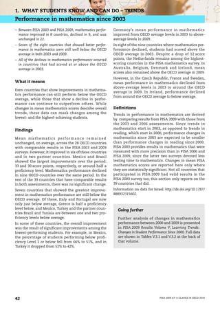 1. WHAT STUDENTS KNOW AND CAN DO – TRENDS
Performance in mathematics since 2003
– Between PISA 2003 and PISA 2009, mathematics perfor-      Germany’s mean performance in mathematics
  mance improved in 8 countries, declined in 9, and was     improved from OECD average levels in 2003 to above-
  unchanged in 22.                                          average levels in 2009.
– Seven of the eight countries that showed better perfor-   In eight of the nine countries where mathematics per-
  mance in mathematics were still well below the OECD       formance declined, students had scored above the
  average in both 2003 and 2009.                            OECD average in 2003. Despite a drop of 12 score
– All of the declines in mathematics performance occurred   points, the Netherlands remains among the highest-
  in countries that had scored at or above the OECD         scoring countries in the PISA mathematics survey. In
  average in 2003.                                          Australia, Belgium, Denmark and Iceland, mean
                                                            scores also remained above the OECD average in 2009.
                                                            However, in the Czech Republic, France and Sweden,
What it means                                               mean performance in mathematics declined from
                                                            above-average levels in 2003 to around the OECD
Even countries that show improvements in mathema-
                                                            average in 2009. In Ireland, performance declined
tics performance can still perform below the OECD
                                                            from around the OECD average to below average.
average, while those that show a decline in perfor-
mance can continue to outperform others. While
changes in mean mathematics scores describe overall         Definitions
trends, these data can mask changes among the
                                                            Trends in performance in mathematics are derived
lowest- and the highest-achieving students.
                                                            by comparing results from PISA 2009 with those from
                                                            the 2003 and 2006 assessments. Since trends in
                                                            mathematics start in 2003, as opposed to trends in
Findings
                                                            reading, which start in 2000, performance changes in
Mean mathematics performance remained                       mathematics since 2003 are expected to be smaller
unchanged, on average, across the 28 OECD countries         than performance changes in reading since 2000.
with comparable results in the PISA 2003 and 2009           PISA 2003 provides results in mathematics that were
surveys. However, it improved in six of these countries     measured with more precision than in PISA 2006 and
and in two partner countries. Mexico and Brazil             PISA 2009, since the latter two surveys devoted less
showed the largest improvements over the period:            testing time to mathematics. Changes in mean PISA
33 and 30 score points, respectively, or around half a      mathematics scores are reported here only where
proficiency level. Mathematics performance declined         they are statistically significant. Not all countries that
in nine OECD countries over the same period. In the         participated in PISA 2009 had valid results in the
rest of the 39 countries that have comparable results       PISA 2003 survey too; this section only reports on the
in both assessments, there was no significant change.       39 countries that did.
Seven countries that showed the greatest improve-           Information on data for Israel: http://dx.doi.org/10.1787/
ment in mathematics performance are still below the         888932315602.
OECD average. Of these, Italy and Portugal are now
only just below average, Greece is half a proficiency
level below, and Mexico, Turkey and the partner coun-         Going further
tries Brazil and Tunisia are between one and two pro-
ficiency levels below average.                                Further analysis of changes in mathematics
In some of these countries, the overall improvement           performance between 2000 and 2009 is presented
was the result of significant improvements among the          in PISA 2009 Results Volume V, Learning Trends:
lowest-performing students. For example, in Mexico,           Changes in Student Performance Since 2000. Full data
the percentage of students performing below profi-            are shown in Tables V.3.1 and V.3.2 at the back of
ciency Level 2 or below fell from 66% to 51%, and in          that volume.
Turkey it dropped from 52% to 42%.




42                                                                                       PISA 2009 AT A GLANCE © OECD 2010
 