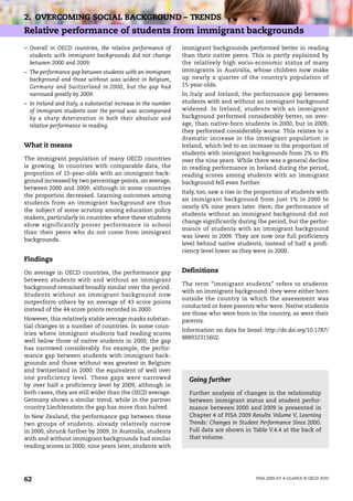 2. OVERCOMING SOCIAL BACKGROUND – TRENDS
Relative performance of students from immigrant backgrounds
– Overall in OECD countries, the relative performance of       immigrant backgrounds performed better in reading
  students with immigrant backgrounds did not change           than their native peers. This is partly explained by
  between 2000 and 2009.                                       the relatively high socio-economic status of many
– The performance gap between students with an immigrant       immigrants in Australia, whose children now make
  background and those without was widest in Belgium,          up nearly a quarter of the country’s population of
  Germany and Switzerland in 2000, but the gap had             15-year-olds.
  narrowed greatly by 2009.                                    In Italy and Ireland, the performance gap between
– In Ireland and Italy, a substantial increase in the number   students with and without an immigrant background
  of immigrant students over the period was accompanied        widened. In Ireland, students with an immigrant
  by a sharp deterioration in both their absolute and          background performed considerably better, on aver-
  relative performance in reading.                             age, than native-born students in 2000, but in 2009,
                                                               they performed considerably worse. This relates to a
                                                               dramatic increase in the immigrant population in
What it means                                                  Ireland, which led to an increase in the proportion of
                                                               students with immigrant backgrounds from 2% to 8%
The immigrant population of many OECD countries                over the nine years. While there was a general decline
is growing. In countries with comparable data, the             in reading performance in Ireland during the period,
proportion of 15-year-olds with an immigrant back-             reading scores among students with an immigrant
ground increased by two percentage points, on average,         background fell even further.
between 2000 and 2009, although in some countries
                                                               Italy, too, saw a rise in the proportion of students with
the proportion decreased. Learning outcomes among
                                                               an immigrant background from just 1% in 2000 to
students from an immigrant background are thus
                                                               nearly 6% nine years later. Here, the performance of
the subject of some scrutiny among education policy
                                                               students without an immigrant background did not
makers, particularly in countries where these students
                                                               change significantly during the period, but the perfor-
show significantly poorer performance in school
                                                               mance of students with an immigrant background
than their peers who do not come from immigrant
                                                               was lower in 2009. They are now one full proficiency
backgrounds.
                                                               level behind native students, instead of half a profi-
                                                               ciency level lower as they were in 2000.
Findings

On average in OECD countries, the performance gap              Definitions
between students with and without an immigrant
                                                               The term “immigrant students” refers to students
background remained broadly similar over the period.
                                                               with an immigrant background: they were either born
Students without an immigrant background now
                                                               outside the country in which the assessment was
outperform others by an average of 43 score points
                                                               conducted or have parents who were. Native students
instead of the 44 score points recorded in 2000.
                                                               are those who were born in the country, as were their
However, this relatively stable average masks substan-         parents.
tial changes in a number of countries. In some coun-
                                                               Information on data for Israel: http://dx.doi.org/10.1787/
tries where immigrant students had reading scores
                                                               888932315602.
well below those of native students in 2000, the gap
has narrowed considerably. For example, the perfor-
mance gap between students with immigrant back-
grounds and those without was greatest in Belgium
and Switzerland in 2000: the equivalent of well over
one proficiency level. These gaps were narrowed                  Going further
by over half a proficiency level by 2009, although in
both cases, they are still wider than the OECD average.          Further analysis of changes in the relationship
Germany shows a similar trend, while in the partner              between immigrant status and student perfor-
country Liechtenstein the gap has more than halved.              mance between 2000 and 2009 is presented in
In New Zealand, the performance gap between these                Chapter 4 of PISA 2009 Results Volume V, Learning
two groups of students, already relatively narrow                Trends: Changes in Student Performance Since 2000.
in 2000, shrunk further by 2009. In Australia, students          Full data are shown in Table V.4.4 at the back of
with and without immigrant backgrounds had similar               that volume.
reading scores in 2000; nine years later, students with




62                                                                                          PISA 2009 AT A GLANCE © OECD 2010
 
