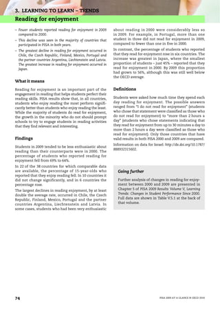 3. LEARNING TO LEARN – TRENDS
Reading for enjoyment
– Fewer students reported reading for enjoyment in 2009        about reading in 2000 were considerably less so
  compared to 2000.                                            in 2009. For example, in Portugal, more than one
– This decline was seen in the majority of countries that      student in three did not read for enjoyment in 2009,
  participated in PISA in both years.                          compared to fewer than one in five in 2000.

– The greatest decline in reading for enjoyment occurred in    In contrast, the percentage of students who reported
  Chile, the Czech Republic, Finland, Mexico, Portugal and     that they read for enjoyment rose in six countries. The
  the partner countries Argentina, Liechtenstein and Latvia.   increase was greatest in Japan, where the smallest
  The greatest increase in reading for enjoyment occurred in   proportion of students – just 45% – reported that they
  Japan.                                                       read for enjoyment in 2000. By 2009 this proportion
                                                               had grown to 56%, although this was still well below
                                                               the OECD average.
What it means

Reading for enjoyment is an important part of the              Definitions
engagement in reading that helps students perfect their
reading skills. PISA results show that, in all countries,      Students were asked how much time they spend each
students who enjoy reading the most perform signifi-           day reading for enjoyment. The possible answers
cantly better than students who enjoy reading the least.       ranged from “I do not read for enjoyment” (students
While the majority of students do read for enjoyment,          who chose that statement were classified as those who
the growth in the minority who do not should prompt            do not read for enjoyment) to “more than 2 hours a
schools to try to engage students in reading activities        day” (students who chose statements indicating that
that they find relevant and interesting.                       they read for enjoyment from up to 30 minutes a day to
                                                               more than 2 hours a day were classified as those who
                                                               read for enjoyment). Only those countries that have
Findings                                                       valid results in both PISA 2000 and 2009 are compared.
                                                               Information on data for Israel: http://dx.doi.org/10.1787/
Students in 2009 tended to be less enthusiastic about
                                                               888932315602.
reading than their counterparts were in 2000. The
percentage of students who reported reading for
enjoyment fell from 69% to 64%.
In 22 of the 38 countries for which comparable data
are available, the percentage of 15-year-olds who                Going further
reported that they enjoy reading fell. In 10 countries it
did not change significantly, and in 6 countries the             Further analysis of changes in reading for enjoy-
percentage rose.                                                 ment between 2000 and 2009 are presented in
The largest declines in reading enjoyment, by at least           Chapter 5 of PISA 2009 Results Volume V, Learning
double the average rate, occurred in Chile, the Czech            Trends: Changes in Student Performance Since 2000.
Republic, Finland, Mexico, Portugal and the partner              Full data are shown in Table V.5.1 at the back of
countries Argentina, Liechtenstein and Latvia. In                that volume.
some cases, students who had been very enthusiastic




74                                                                                          PISA 2009 AT A GLANCE © OECD 2010
 