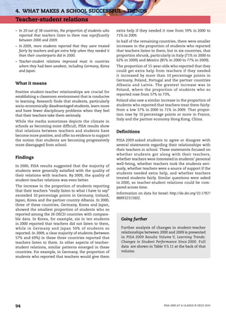 4. WHAT MAKES A SCHOOL SUCCESSFUL – TRENDS
Teacher-student relations
– In 20 out of 38 countries, the proportion of students who   extra help if they needed it rose from 59% in 2000 to
  reported that teachers listen to them rose significantly    71% in 2009.
  between 2000 and 2009.                                      In half of the remaining countries, there were smaller
– In 2009, more students reported that they were treated      increases in the proportion of students who reported
  fairly by teachers and got extra help when they needed it   that teachers listen to them; but in six countries, that
  than their counterparts did in 2000.                        proportion shrunk, particularly in Italy (71% in 2000 to
– Teacher-student relations improved most in countries        62% in 2009) and Mexico (85% in 2000 to 77% in 2009).
  where they had been weakest, including Germany, Korea       The proportion of 15-year-olds who reported that they
  and Japan.                                                  could get extra help from teachers if they needed
                                                              it increased by more than 10 percentage points in
                                                              Germany, Poland, Portugal and the partner countries
What it means                                                 Albania and Latvia. The greatest increase was in
                                                              Poland, where the proportion of students who so
Positive student-teacher relationships are crucial for
                                                              reported rose from 57% to 73%.
establishing a classroom environment that is conducive
to learning. Research finds that students, particularly       Poland also saw a similar increase in the proportion of
socio-economically disadvantaged students, learn more         students who reported that teachers treat them fairly:
and have fewer disciplinary problems when they feel           from a low 57% in 2000 to 71% in 2009. That propor-
that their teachers take them seriously.                      tion rose by 10 percentage points or more in France,
                                                              Italy and the partner economy Hong Kong, China.
While the media sometimes depicts the climate in
schools as becoming more difficult, PISA results show
that relations between teachers and students have             Definitions
become more positive, and offer no evidence to support
the notion that students are becoming progressively           PISA 2009 asked students to agree or disagree with
more disengaged from school.                                  several statements regarding their relationships with
                                                              their teachers in school. These statements focused on
                                                              whether students got along with their teachers,
Findings                                                      whether teachers were interested in students’ personal
                                                              well-being, whether teachers took the students seri-
In 2000, PISA results suggested that the majority of
                                                              ously, whether teachers were a source of support if the
students were generally satisfied with the quality of
                                                              students needed extra help, and whether teachers
their relations with teachers. By 2009, the quality of
                                                              treated students fairly. Similar questions were asked
student-teacher relations was even better.
                                                              in 2000, so teacher-student relations could be com-
The increase in the proportion of students reporting          pared across time.
that their teachers “really listen to what I have to say”
                                                              Information on data for Israel: http://dx.doi.org/10.1787/
exceeded 10 percentage points in Germany, Iceland,
                                                              888932315602.
Japan, Korea and the partner country Albania. In 2000,
three of these countries, Germany, Korea and Japan,
showed the smallest proportion of students who so
reported among the 26 OECD countries with compara-
ble data. In Korea, for example, six in ten students            Going further
in 2000 reported that teachers did not listen to them,
while in Germany and Japan 50% of students so                   Further analysis of changes in student-teacher
reported. In 2009, a clear majority of students (between        relationships between 2000 and 2009 is presented
57% and 69%) in these three countries reported that             in PISA 2009 Results Volume V, Learning Trends:
teachers listen to them. In other aspects of teacher-           Changes in Student Performance Since 2000. Full
student relations, similar patterns emerged in these            data are shown in Table V.5.11 at the back of that
countries. For example, in Germany, the proportion of           volume.
students who reported that teachers would give them




94                                                                                         PISA 2009 AT A GLANCE © OECD 2010
 