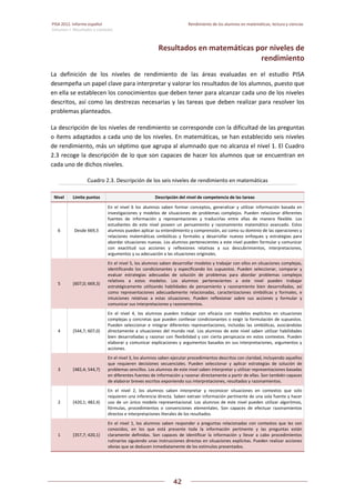 PISA 2012. Informe español  Rendimiento de los alumnos en matemáticas, lectura y ciencias
Volumen I: Resultados y contexto 
 
  
42
 
   
Resultados en matemáticas por niveles de 
rendimiento 
La  definición  de  los  niveles  de  rendimiento  de  las  áreas  evaluadas  en  el  estudio  PISA 
desempeña un papel clave para interpretar y valorar los resultados de los alumnos, puesto que 
en ella se establecen los conocimientos que deben tener para alcanzar cada uno de los niveles 
descritos, así como las destrezas necesarias y las tareas que deben realizar para resolver los 
problemas planteados. 
La descripción de los niveles de rendimiento se corresponde con la dificultad de las preguntas 
o ítems adaptados a cada uno de los niveles. En matemáticas, se han establecido seis niveles 
de rendimiento, más un séptimo que agrupa al alumnado que no alcanza el nivel 1. El Cuadro 
2.3 recoge la descripción de lo que son capaces de hacer los alumnos que se encuentran en 
cada uno de dichos niveles. 
Cuadro 2.3. Descripción de los seis niveles de rendimiento en matemáticas  
Nivel  Límite puntos  Descripción del nivel de competencia de las tareas 
6  Desde 669,3 
En  el  nivel  6  los  alumnos  saben  formar  conceptos,  generalizar  y  utilizar  información  basada  en 
investigaciones  y  modelos  de  situaciones  de  problemas  complejos.  Pueden  relacionar  diferentes 
fuentes  de  información  y  representaciones  y  traducirlas  entre  ellas  de  manera  flexible.  Los 
estudiantes  de  este  nivel  poseen  un  pensamiento  y  razonamiento  matemático  avanzado.  Estos 
alumnos pueden aplicar su entendimiento y comprensión, así como su dominio de las operaciones y 
relaciones  matemáticas  simbólicas  y  formales  y  desarrollar  nuevos  enfoques  y  estrategias  para 
abordar situaciones nuevas. Los alumnos pertenecientes a este nivel pueden formular y comunicar 
con  exactitud  sus  acciones  y  reflexiones  relativas  a  sus  descubrimientos,  interpretaciones, 
argumentos y su adecuación a las situaciones originales. 
5  [607,0; 669,3) 
En el nivel 5, los alumnos saben desarrollar modelos y trabajar con ellos en situaciones complejas, 
identificando  los  condicionantes  y  especificando  los  supuestos.  Pueden  seleccionar,  comparar  y 
evaluar  estrategias  adecuadas  de  solución  de  problemas  para  abordar  problemas  complejos 
relativos  a  estos  modelos.  Los  alumnos  pertenecientes  a  este  nivel  pueden  trabajar 
estratégicamente  utilizando  habilidades  de  pensamiento  y  razonamiento  bien  desarrolladas,  así 
como  representaciones  adecuadamente  relacionadas,  caracterizaciones  simbólicas  y  formales,  e 
intuiciones  relativas  a  estas  situaciones.  Pueden  reflexionar  sobre  sus  acciones  y  formular  y 
comunicar sus interpretaciones y razonamientos.  
4  [544,7; 607,0) 
En  el  nivel  4,  los  alumnos  pueden  trabajar  con  eficacia  con  modelos  explícitos  en  situaciones 
complejas y concretas que pueden conllevar condicionantes o exigir la formulación de supuestos. 
Pueden  seleccionar  e  integrar  diferentes  representaciones,  incluidas  las  simbólicas,  asociándolas 
directamente a  situaciones del mundo real. Los alumnos de este nivel saben utilizar habilidades 
bien desarrolladas y razonar con flexibilidad y con cierta perspicacia en estos contextos. Pueden 
elaborar y comunicar explicaciones y argumentos basados en sus interpretaciones, argumentos y 
acciones. 
3  [482,4; 544,7) 
En el nivel 3, los alumnos saben ejecutar procedimientos descritos con claridad, incluyendo aquellos 
que  requieren  decisiones  secuenciales.  Pueden  seleccionar  y  aplicar  estrategias  de  solución  de 
problemas sencillos. Los alumnos de este nivel saben interpretar y utilizar representaciones basadas 
en diferentes fuentes de información y razonar directamente a partir de ellas. Son también capaces 
de elaborar breves escritos exponiendo sus interpretaciones, resultados y razonamientos. 
2  [420,1; 482,4) 
En  el  nivel  2,  los  alumnos  saben  interpretar  y  reconocer  situaciones  en  contextos  que  solo 
requieren una inferencia directa. Saben extraer información pertinente de una sola fuente y hacer 
uso de un único modelo representacional. Los alumnos de este nivel pueden utilizar algoritmos, 
fórmulas,  procedimientos  o  convenciones  elementales.  Son  capaces  de  efectuar  razonamientos 
directos e interpretaciones literales de los resultados. 
1  [357,7; 420,1) 
En  el  nivel  1,  los  alumnos  saben  responder  a  preguntas  relacionadas  con  contextos  que  les  son 
conocidos,  en  los  que  está  presente  toda  la  información  pertinente  y  las  preguntas  están 
claramente  definidas.  Son  capaces  de  identificar  la  información  y  llevar  a  cabo  procedimientos 
rutinarios siguiendo unas instrucciones directas en situaciones explícitas. Pueden realizar acciones 
obvias que se deducen inmediatamente de los estímulos presentados. 
 