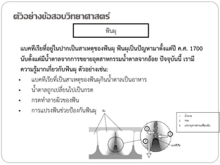 ตัวอย่างข้อสอบวิทยาศาสตร์
ฟันผุ

แบคทีเรียที่อยู่ในปากเป็นสาเหตุของฟันผุ ฟันผุเป็นปัญหามาตั้งแต่ปี ค.ศ. 1700
นับตั้งแต่มีน้าตาลจากการขยายอุตสาหกรรมน้้าตาลจากอ้อย ปัจจุบันนี้ เรามี
ความรู้มากเกี่ยวกับฟันผุ ตัวอย่างเช่น:
• แบคทีเรียที่เป็นสาเหตุของฟันผุกนน้้าตาลเป็นอาหาร
ิ
• น้้าตาลถูกเปลี่ยนไปเป็นกรด
• กรดท้าลายผิวของฟัน
• การแปรงฟันช่วยป้องกันฟันผุ

 