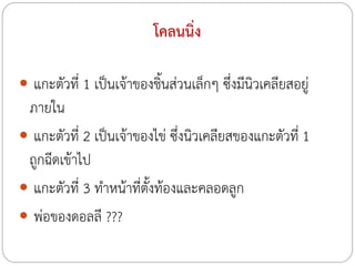 โคลนนิ่ง
 แกะตัวที่ 1 เป็นเจ้าของชิ้นส่วนเล็กๆ ซึ่งมีนิวเคลียสอยู่

ภายใน
 แกะตัวที่ 2 เป็นเจ้าของไข่ ซึ่งนิวเคลียสของแกะตัวที่ 1
ถูกฉีดเข้าไป
 แกะตัวที่ 3 ท้าหน้าที่ตงท้องและคลอดลูก
ั้
 พ่อของดอลลี ???

 