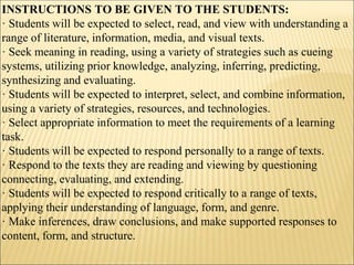 INSTRUCTIONS TO BE GIVEN TO THE STUDENTS:
· Students will be expected to select, read, and view with understanding a
range of literature, information, media, and visual texts.
· Seek meaning in reading, using a variety of strategies such as cueing
systems, utilizing prior knowledge, analyzing, inferring, predicting,
synthesizing and evaluating.
· Students will be expected to interpret, select, and combine information,
using a variety of strategies, resources, and technologies.
· Select appropriate information to meet the requirements of a learning
task.
· Students will be expected to respond personally to a range of texts.
· Respond to the texts they are reading and viewing by questioning
connecting, evaluating, and extending.
· Students will be expected to respond critically to a range of texts,
applying their understanding of language, form, and genre.
· Make inferences, draw conclusions, and make supported responses to
content, form, and structure.
 