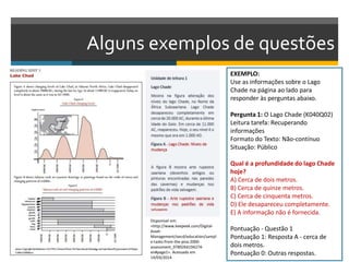 Alguns exemplos de questões
EXEMPLO:
Use as informações sobre o Lago
Chade na página ao lado para
responder às perguntas abaixo.
Pergunta 1: O Lago Chade (K040Q02)
Leitura tarefa: Recuperando
informações
Formato do Texto: Não-contínuo
Situação: Público
Qual é a profundidade do lago Chade
hoje?
A) Cerca de dois metros.
B) Cerca de quinze metros.
C) Cerca de cinquenta metros.
D) Ele desapareceu completamente.
E) A informação não é fornecida.
Pontuação - Questão 1
Pontuação 1: Resposta A - cerca de
dois metros.
Pontuação 0: Outras respostas.
Disponível em:
<http://www.keepeek.com/Digital-
Asset-
Management/oecd/education/sampl
e-tasks-from-the-pisa-2000-
assessment_9789264194274-
en#page1>. Acessado em
14/03/2014.
 