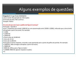 Alguns exemplos de questões
Pergunta 2: O Lago Chade (R040Q03A)
Leitura tarefa: Recuperação de informações
O formato de texto: Não-contínuo
Situação: Público
Em cerca de que ano é que o gráfico da Figura A começa?
Pontuação - Questão 2
Score 1: Respostas que estado 11000 BC (ou uma aproximação entre 10500 e 12000), indicando que o aluno tenha
extrapolado a partir da escala). Por exemplo:
• 11000.
• 11000 AD.
• 10500 AD.
• Pouco antes de 10.000 AD.
• Cerca de 12 mil.
• Cerca de 11.000 AD.
Pontuação 0: Outras respostas, incluindo a seta apontando para o ponto do gráfico de partida. Por exemplo:
• 10000 BC. [Não conseguiu extrapolar a partir da escala.]
• 20000 AD.
• 8000 AD. [Olhou para a figura errada.]
• 11000BC 4000 AD. [Ignorar resposta cruzado.]
• 0.
 
