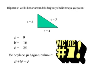 Hipotenus ve iki kenar arasındaki bağıntıyı belirlemeye çalışalım:


                                     c=5
                  a=3


                               b=4

     a2 =    9
     b2 =    16
     c2 =    25

 Ve böylece şu bağıntı bulunur:
     a2 + b2 = c2
 