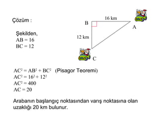 Çözüm :                              16 km
                             B
                                                A
 Şekilden,
                         12 km
 AB = 16
 BC = 12

                                 C

AC2 = AB2 + BC2 (Pisagor Teoremi)
AC2 = 162 + 122
AC2 = 400
AC = 20

Arabanın başlangıç noktasından varış noktasına olan
uzaklığı 20 km bulunur.
 