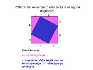 PQRS’in bir kenarı “a+b” olan bir kare olduğunu
                  düşünelim
              a         b
                                       a
                           c
          b      c

                               c       b
           a         c

                     b             a
     Şimdi karemiz
     - 4 eş dik üçgen ve

     - 1 kendinden daha küçük olan ve
     kenar uzunluğu ” c” olan kare ‘ye
     ayrılmıştır.
 
