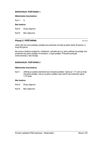 Primjeri zadataka PISA testiranja – Matematika Strana 105
BODOVANJE: POŠTARINA 1
Maksimalan broj bodova
Kod 1: C.
Bez bodova
Kod 0: Drugi odgovori.
Kod 9: Bez odgovora.
Pitanje 2: POŠTARINA M836Q02
Janko želi da svom prijatelju pošalje dva predmeta od kojih je jedan težak 40 grama, a
drugi 80 grama.
Na osnovu troškova poštarine u Zedlandu, odredite da li je Janku jeftinije da pošalje dva
predmeta kao jednu pošiljku ili odvojeno, u dvije pošiljke. Prikazati postupak
izračunavanja u oba slučaja.
BODOVANJE: POŠTARINA 2
Maksimalan broj bodova
Kod 1: Jeftinije je poslati predmete kao odvojene pošiljke. Cijena je 1,71 zed za dvije
odvojene pošiljke, dok je za jednu pošiljku koja sadrži oba predmeta cijena
1,75 zeda.
Bez bodova
Kod 0: Drugi odgovori.
Kod 9: Bez odgovora.
 