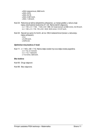 Primjeri zadataka PISA testiranja – Matematika Strana 11
• 89,6 metara/minuti, 8960 km/h.
• 89.6, 5376.
• 89.6, 53.76.
• 89.6, 0.087 km/h.
• 89.6, 1.49 km/h.
Kod 23: Računica je tačna (eksplicitno prikazana), uz manje greške u računu koje
nijesu obuhvaćene kodovima 21 i 22. Nema tačnih odgovora.
• n = 140 x .8 = 1120; 1120 x 0.8 = 896. On hoda brzinom od 896 m/min, 53,76 km/h.
• n = 140 x .8 = 116; 116 x 0.8 = 92.8. 92.8 m/min 5.57 km/h.
Kod 24: Navodi se samo 5,4 km/h, ali ne i 89,6 metara/minuti (koraci u računanju
nijesu prikazani).
• 5.4.
• 5.376 km/h.
• 5376 m/h.
Djelimičan broj bodova (1 bod)
Kod 11: n = 140 x .80 = 112. Nema dalje izrade ili je sva dalja izrada pogrešna.
• n= 112, 0.112 km/h.
• n = 112, 1120 km/h.
• 112 m/min, 504 km/h.
Bez bodova
Kod 00: Drugi odgovori.
Kod 99: Bez odgovora.
 