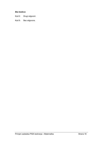 Primjeri zadataka PISA testiranja – Matematika Strana 18
Bez bodova
Kod 0: Drugi odgovori.
Kod 9: Bez odgovora.
 