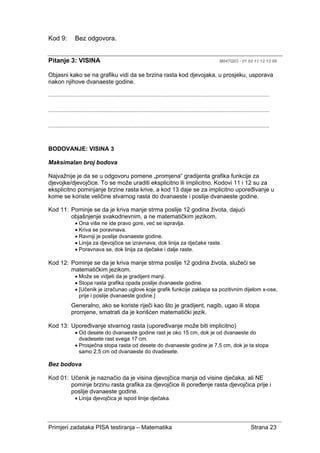 Primjeri zadataka PISA testiranja – Matematika Strana 23
Kod 9: Bez odgovora.
Pitanje 3: VISINA M047Q03 - 01 02 11 12 13 99
Objasni kako se na grafiku vidi da se brzina rasta kod djevojaka, u prosjeku, usporava
nakon njihove dvanaeste godine.
....................................................................................................................................................
....................................................................................................................................................
....................................................................................................................................................
BODOVANJE: VISINA 3
Maksimalan broj bodova
Najvažnije je da se u odgovoru pomene „promjena“ gradijenta grafika funkcije za
djevojke/djevojčice. To se može uraditi eksplicitno ili implicitno. Kodovi 11 i 12 su za
eksplicitno pominjanje brzine rasta krive, a kod 13 daje se za implicitno upoređivanje u
kome se koriste veličine stvarnog rasta do dvanaeste i poslije dvanaeste godine.
Kod 11: Pominje se da je kriva manje strma poslije 12 godina života, dajući
objašnjenje svakodnevnim, a ne matematičkim jezikom.
• Ona više ne ide pravo gore, već se ispravlja.
• Kriva se poravnava.
• Ravniji je poslije dvanaeste godine.
• Linija za djevojčice se izravnava, dok linija za dječake raste.
• Poravnava se, dok linija za dječake i dalje raste.
Kod 12: Pominje se da je kriva manje strma poslije 12 godina života, služeći se
matematičkim jezikom.
• Može se vidjeti da je gradijent manji.
• Stopa rasta grafika opada poslije dvanaeste godine.
• [Učenik je izračunao uglove koje grafik funkcije zaklapa sa pozitivnim dijelom x-ose,
prije i poslije dvanaeste godine.]
Generalno, ako se koriste riječi kao što je gradijent, nagib, ugao ili stopa
promjene, smatrati da je korišćen matematički jezik.
Kod 13: Upoređivanje stvarnog rasta (upoređivanje može biti implicitno)
• Od desete do dvanaeste godine rast je oko 15 cm, dok je od dvanaeste do
dvadesete rast svega 17 cm.
• Prosječna stopa rasta od desete do dvanaeste godine je 7,5 cm, dok je ta stopa
samo 2,5 cm od dvanaeste do dvadesete.
Bez bodova
Kod 01: Učenik je naznačio da je visina djevojčica manja od visine dječaka, ali NE
pominje brzinu rasta grafika za djevojčice ili poređenje rasta djevojčica prije i
poslije dvanaeste godine.
• Linija djevojčica je ispod linije dječaka.
 