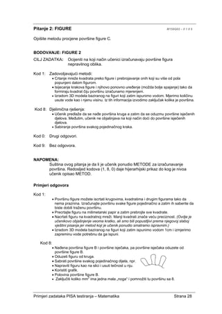 Primjeri zadataka PISA testiranja – Matematika Strana 28
Pitanje 2: FIGURE M158Q02 – 0 1 8 9
Opišite metodu procjene površine figure C.
BODOVANJE: FIGURE 2
CILJ ZADATKA: Ocijeniti na koji način učenici izračunavaju površine figura
nepravilnog oblika.
Kod 1: Zadovoljavajući metodi:
• Crtanje mreže kvadrata preko figure i prebrojavanje onih koji su više od pola
popunjeni datom figurom.
• Isijecanje krakova figure i njihovo ponovno uređenje (možda bolje spajanje) tako da
formiraju kvadrat čiju površinu izračunamo mjerenjem.
• Izradom 3D modela baziranog na figuri koji zatim ispunimo vodom. Mjerimo količinu
usute vode kao i njenu visinu. Iz tih informacija izvodimo zaključak kolika je površina.
Kod 8: Djelimična rješenja:
• Učenik predlaže da se nađe površina kruga a zatim da se oduzmu površine isječenih
djelova. Međutim, učenik ne objašnjava na koji način doći do površine isječenih
djelova.
• Sabiranje površina svakog pojedinačnog kraka.
Kod 0: Drugi odgovori.
Kod 9: Bez odgovora.
NAPOMENA:
Suština ovog pitanja je da li je učenik ponudio METODE za izračunavanje
površina. Redosljed kodova (1, 8, 0) daje hijerarhijski prikaz do kog je nivoa
učenik opisao METOD.
Primjeri odgovora
Kod 1:
• Površinu figure možete iscrtati krugovima, kvadratima i drugim figurama tako da
nema praznina. Izračunajte površinu svake figure pojedinačno a zatim ih saberite da
biste dobili traženu površinu.
• Precrtajte figuru na milimetarski papir a zatim prebrojte sve kvadrate.
• Nacrtati figuru na kvadratnoj mreži. Manji kvadrati znače veću preciznost. (Ovdje je
učenikovo objašnjenje veoma kratko, ali smo bili popustljivi prema njegovoj slaboj
vještini pisanja jer metod koji je učenik ponudio smatramo ispravnim.)
• Izradom 3D modela baziranog na figuri koji zatim ispunimo vodom 1cm i izmjerimo
zapreminu vode potrebnu da ga ispuni.
Kod 8:
• Nađena površina figure B i površine isječaka, pa površine isječaka oduzete od
površine figure B.
• Oduzeti figuru od kruga.
• Sabrati površine svakog pojedinačnog dijela, npr.
• Napraviti figuru kao na slici i usuti tečnost u nju.
• Koristiti grafik.
• Polovina površine figure B.
• Zaključiti koliko mm2
ima jedna mala „noga“ i pomnožiti tu površinu sa 8.
 