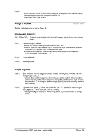 Primjeri zadataka PISA testiranja – Matematika Strana 29
Kod 0:
• Koristi se žica ili konac da se odredi obim figure. Rastegnimo žicu ili konac u krug i
odredimo njegovu površinu primjenom formule r2
π.
(Predloženi metod nije tačan.)
Pitanje 3: FIGURE M158Q03 – 0 1 8 9
Opišite metodu procjene obima figure C.
BODOVANJE: FIGURE 3
CILJ ZADATKA: Ocijeniti na koji način učenici izračunavaju obime figura nepravilnog
oblika.
Kod 1: Zadovoljavajući metodi:
• Saviti žicu u obliku date figure pa izmjeriti dužinu žice.
• Izrezati figuru na kraće djelove koji su skoro prave linije, nadovezati ih jedan na
drugi tako da čine pravu liniju i izmjeriti dužinu linije.
• Odrediti dužinu nekoliko krakova da bi se odredila prosječna dužina kraka i
pomnožiti je sa 8 (broj krakova ) x 2.
Kod 0: Drugi odgovori.
Kod 9: Bez odgovora.
Primjeri odgovora
Kod 1: Žica ili konac (Iako je odgovor veoma kratak, učenik jeste ponudio METOD
za mjerenje obima.)
• Izrezati djelove oblika na parčad. Izmjeriti svako parče i sabrati dobijene dužine.
(Učenik nije eksplicitno naveo da parčad moraju biti približno prave linije, ali jeste
ponudio METOD da se figura reže na manje djelove, gdje se svaki manji dio može
lako izmjeriti).
Kod 0: Mjeri se ivica figure. (Učenik nije predložio METOD mjerenja. Nije dovoljno
reći „Mjeri se...“ a ne ponuditi kako to uraditi.)
• Rastegnimo figuru tako da se dobije krug. (Ovdje je ponuđen metod, ali on nije
tačan.)
 