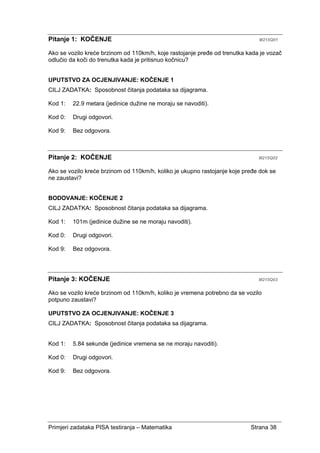 Primjeri zadataka PISA testiranja – Matematika Strana 38
Pitanje 1: KOČENJE M215Q01
Ako se vozilo kreće brzinom od 110km/h, koje rastojanje pređe od trenutka kada je vozač
odlučio da koči do trenutka kada je pritisnuo kočnicu?
UPUTSTVO ZA OCJENJIVANJE: KOČENJE 1
CILJ ZADATKA: Sposobnost čitanja podataka sa dijagrama.
Kod 1: 22.9 metara (jedinice dužine ne moraju se navoditi).
Kod 0: Drugi odgovori.
Kod 9: Bez odgovora.
Pitanje 2: KOČENJE M215Q02
Ako se vozilo kreće brzinom od 110km/h, koliko je ukupno rastojanje koje pređe dok se
ne zaustavi?
BODOVANJE: KOČENJE 2
CILJ ZADATKA: Sposobnost čitanja podataka sa dijagrama.
Kod 1: 101m (jedinice dužine se ne moraju navoditi).
Kod 0: Drugi odgovori.
Kod 9: Bez odgovora.
Pitanje 3: KOČENJE M215Q03
Ako se vozilo kreće brzinom od 110km/h, koliko je vremena potrebno da se vozilo
potpuno zaustavi?
UPUTSTVO ZA OCJENJIVANJE: KOČENJE 3
CILJ ZADATKA: Sposobnost čitanja podataka sa dijagrama.
Kod 1: 5.84 sekunde (jedinice vremena se ne moraju navoditi).
Kod 0: Drugi odgovori.
Kod 9: Bez odgovora.
 