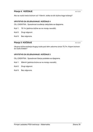 Primjeri zadataka PISA testiranja – Matematika Strana 39
Pitanje 4: KOČENJE M215Q04
Ako se vozilo kreće brzinom od 110km/h, kolika će biti dužina traga kočenja?
UPUTSTVO ZA OCJENJIVANJE: KOČENJE 4
CILJ ZADATKA: Sposobnost izvođenja zaključaka sa dijagrama.
Kod 1: 78.1m (jedinice dužine se ne moraju navoditi).
Kod 0: Drugi odgovori.
Kod 9: Bez odgovora.
Pitanje 5: KOČENJE M215Q05
Ukupna dužina kočenja drugog vozila pod istim uslovima iznosi 70,7m. Kojom brzinom
se vozilo kretalo?
UPUTSTVO ZA OCJENJIVANJE: KOČENJE 5
CILJ ZADATKA: Sposobnost čitanja podataka sa dijagrama.
Kod 1: 90km/h (jedinice brzine se ne moraju navoditi).
Kod 0: Drugi odgovori.
Kod 9: Bez odgovora.
 