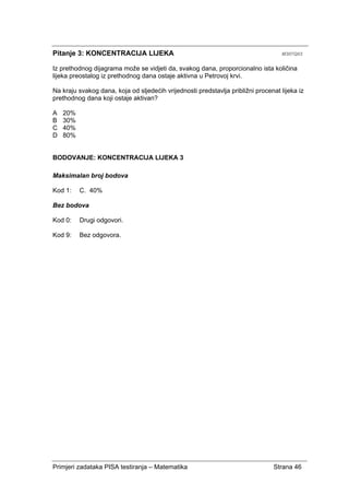 Primjeri zadataka PISA testiranja – Matematika Strana 46
Pitanje 3: KONCENTRACIJA LIJEKA M307Q03
Iz prethodnog dijagrama može se vidjeti da, svakog dana, proporcionalno ista količina
lijeka preostalog iz prethodnog dana ostaje aktivna u Petrovoj krvi.
Na kraju svakog dana, koja od sljedećih vrijednosti predstavlja približni procenat lijeka iz
prethodnog dana koji ostaje aktivan?
A 20%
B 30%
C 40%
D 80%
BODOVANJE: KONCENTRACIJA LIJEKA 3
Maksimalan broj bodova
Kod 1: C. 40%
Bez bodova
Kod 0: Drugi odgovori.
Kod 9: Bez odgovora.
 