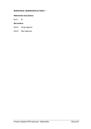Primjeri zadataka PISA testiranja – Matematika Strana 60
BODOVANJE: REZERVOAR ZA VODU 1
Maksimalan broj bodova
Kod 1: B
Bez bodova
Kod 0: Drugi odgovori.
Kod 9: Bez odgovora.
 