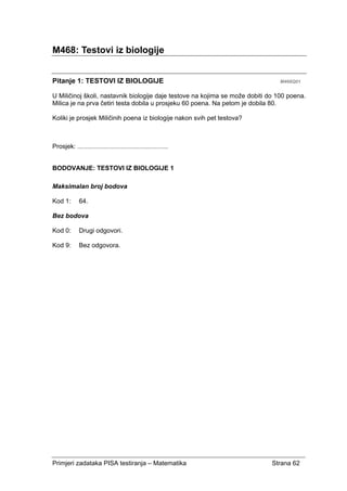 Primjeri zadataka PISA testiranja – Matematika Strana 62
M468: Testovi iz biologije
Pitanje 1: TESTOVI IZ BIOLOGIJE M468Q01
U Miličinoj školi, nastavnik biologije daje testove na kojima se može dobiti do 100 poena.
Milica je na prva četiri testa dobila u prosjeku 60 poena. Na petom je dobila 80.
Koliki je prosjek Miličinih poena iz biologije nakon svih pet testova?
Prosjek: ........................................................
BODOVANJE: TESTOVI IZ BIOLOGIJE 1
Maksimalan broj bodova
Kod 1: 64.
Bez bodova
Kod 0: Drugi odgovori.
Kod 9: Bez odgovora.
 