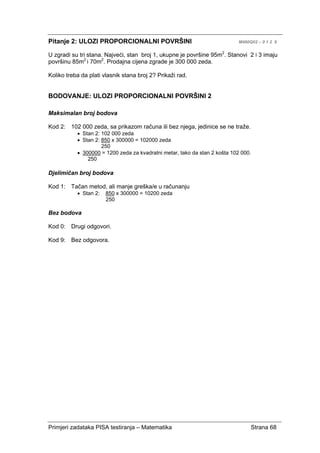 Primjeri zadataka PISA testiranja – Matematika Strana 68
Pitanje 2: ULOZI PROPORCIONALNI POVRŠINI M480Q02 – 0 1 2 9
U zgradi su tri stana. Najveći, stan broj 1, ukupne je površine 95m2
. Stanovi 2 i 3 imaju
površinu 85m2
i 70m2
. Prodajna cijena zgrade je 300 000 zeda.
Koliko treba da plati vlasnik stana broj 2? Prikaži rad.
BODOVANJE: ULOZI PROPORCIONALNI POVRŠINI 2
Maksimalan broj bodova
Kod 2: 102 000 zeda, sa prikazom računa ili bez njega, jedinice se ne traže.
• Stan 2: 102 000 zeda
• Stan 2: 850 x 300000 = 102000 zeda
250
• 300000 = 1200 zeda za kvadratni metar, tako da stan 2 košta 102 000.
250
Djelimičan broj bodova
Kod 1: Tačan metod, ali manje greška/e u računanju
• Stan 2: 850 x 300000 = 10200 zeda
250
Bez bodova
Kod 0: Drugi odgovori.
Kod 9: Bez odgovora.
 