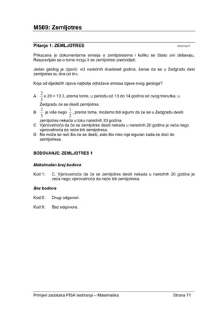 Primjeri zadataka PISA testiranja – Matematika Strana 71
M509: Zemljotres
Pitanje 1: ZEMLJOTRES M509Q01
Prikazana je dokumentarna emisija o zemljotresima i koliko se često oni dešavaju.
Raspravljalo se o tome mogu li se zemljotresi predvidjeti.
Jedan geolog je izjavio: »U narednih dvadeset godina, šanse da se u Zedgradu desi
zemljotres su dva od tri«.
Koja od sljedećih izjava najbolje odražava smisao izjave ovog geologa?
A
3
2
x 20 = 13.3, prema tome, u periodu od 13 do 14 godina od ovog trenutka, u
Zedgradu će se desiti zemljotres.
B
3
2
je više nego
2
1
, prema tome, možemo biti sigurni da će se u Zedgradu desiti
zemljotres nekada u toku narednih 20 godina.
C Vjerovatnoća da će se zemljotres desiti nekada u narednih 20 godina je veća nego
vjerovatnoća da neće biti zemljotresa.
D Ne može se reći što će se desiti, zato što niko nije siguran kada će doći do
zemljotresa.
BODOVANJE: ZEMLJOTRES 1
Maksimalan broj bodova
Kod 1: C. Vjerovatnoća da će se zemljotres desiti nekada u narednih 20 godina je
veća nego vjerovatnoća da neće biti zemljotresa.
Bez bodova
Kod 0: Drugi odgovori.
Kod 9: Bez odgovora.
 