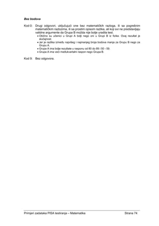 Primjeri zadataka PISA testiranja – Matematika Strana 74
Bez bodova
Kod 0: Drugi odgovori, uključujući one bez matematičkih razloga, ili sa pogrešnim
matematičkim razlozima, ili sa prostim opisom razlika, ali koji svi ne predstavljaju
validne argumente da Grupa B možda nije bolje uradila test.
• Obično su učenici u Grupi A bolji nego oni u Grupi B iz fizike. Ovaj rezultat je
slučajnost.
• Jer je razlika između najvišeg i najmanjeg broja bodova manja za Grupu B nego za
Grupu A.
• Grupa A ima bolje rezultate u rasponu od 80 do 89 i 50 - 59.
• Grupa A ima veći međukvartalni raspon nego Grupa B.
Kod 9: Bez odgovora.
 
