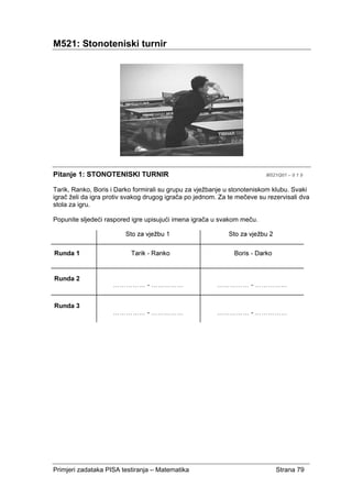 Primjeri zadataka PISA testiranja – Matematika Strana 79
M521: Stonoteniski turnir
Pitanje 1: STONOTENISKI TURNIR M521Q01 – 0 1 9
Tarik, Ranko, Boris i Darko formirali su grupu za vježbanje u stonoteniskom klubu. Svaki
igrač želi da igra protiv svakog drugog igrača po jednom. Za te mečeve su rezervisali dva
stola za igru.
Popunite sljedeći raspored igre upisujući imena igrača u svakom meču.
 