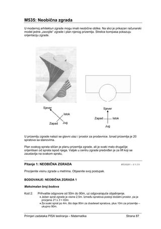Primjeri zadataka PISA testiranja – Matematika Strana 87
M535: Neobična zgrada
U modernoj arhitekturi zgrade mogu imati neobične oblike. Na slici je prikazan računarski
model jedne „zavojite“ zgrade i plan njenog prizemlja. Strelice kompasa pokazuju
orijentaciju zgrade.
U prizemlju zgrade nalazi se glavni ulaz i prostor za prodavnice. Iznad prizemlja je 20
spratova sa stanovima.
Plan svakog sprata sličan je planu prizemlja zgrade, ali je svaki malo drugačije
orijentisan od sprata ispod njega. Valjak u centru zgrade predviđen je za lift koji se
zaustavlja na svakom spratu.
Pitanje 1: NEOBIČNA ZGRADA M535Q01 – 0 1 2 9
Procijenite visinu zgrade u metrima. Objasnite svoj postupak.
BODOVANJE: NEOBIČNA ZGRADA 1
Maksimalan broj bodova
Kod 2: Prihvatite odgovore od 50m do 90m, uz odgovarajuće objašnjenje.
• Jedan sprat zgrade je visine 2,5m. Između spratova postoji dodatni prostor, pa je
procjena 21 x 3 = 63m.
• Za svaki sprat po 4m, što daje 80m za dvadeset spratova, plus 10m za prizemlje –
ukupno 90m.
 