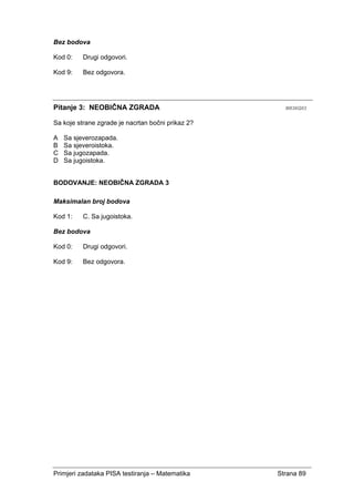 Primjeri zadataka PISA testiranja – Matematika Strana 89
Bez bodova
Kod 0: Drugi odgovori.
Kod 9: Bez odgovora.
Pitanje 3: NEOBIČNA ZGRADA M836Q03
Sa koje strane zgrade je nacrtan bočni prikaz 2?
A Sa sjeverozapada.
B Sa sjeveroistoka.
C Sa jugozapada.
D Sa jugoistoka.
BODOVANJE: NEOBIČNA ZGRADA 3
Maksimalan broj bodova
Kod 1: C. Sa jugoistoka.
Bez bodova
Kod 0: Drugi odgovori.
Kod 9: Bez odgovora.
 