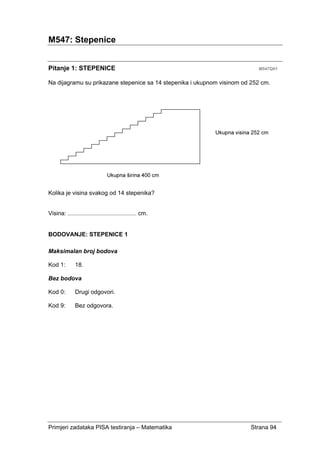 Primjeri zadataka PISA testiranja – Matematika Strana 94
M547: Stepenice
Pitanje 1: STEPENICE M547Q01
Na dijagramu su prikazane stepenice sa 14 stepenika i ukupnom visinom od 252 cm.
Kolika je visina svakog od 14 stepenika?
Visina: .............................................. cm.
BODOVANJE: STEPENICE 1
Maksimalan broj bodova
Kod 1: 18.
Bez bodova
Kod 0: Drugi odgovori.
Kod 9: Bez odgovora.
 