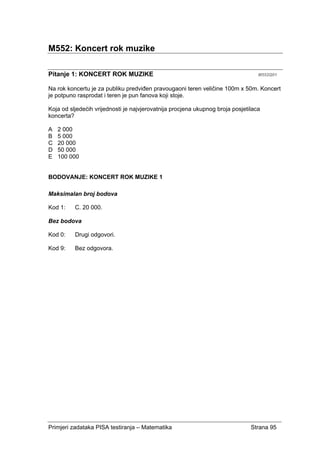Primjeri zadataka PISA testiranja – Matematika Strana 95
M552: Koncert rok muzike
Pitanje 1: KONCERT ROK MUZIKE M552Q01
Na rok koncertu je za publiku predviđen pravougaoni teren veličine 100m x 50m. Koncert
je potpuno rasprodat i teren je pun fanova koji stoje.
Koja od sljedećih vrijednosti je najvjerovatnija procjena ukupnog broja posjetilaca
koncerta?
A 2 000
B 5 000
C 20 000
D 50 000
E 100 000
BODOVANJE: KONCERT ROK MUZIKE 1
Maksimalan broj bodova
Kod 1: C. 20 000.
Bez bodova
Kod 0: Drugi odgovori.
Kod 9: Bez odgovora.
 