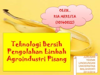 Teknologi Bersih
Pengolahan Limbah
Agroindustri Pisang
OLEH..
RIA MERLITA
(10140022)
JURUSAN
TEKNIK
LINGKUNGAN
UNIVERSITAS
MALAHAYATI
2013/2014
 