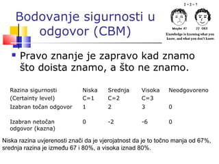 Bodovanje sigurnosti u
odgovor (CBM)
 Pravo znanje je zapravo kad znamo
što doista znamo, a što ne znamo.
Razina sigurnosti
(Certainty level)
Niska
C=1
Srednja
C=2
Visoka
C=3
Neodgovoreno
Izabran točan odgovor 1 2 3 0
Izabran netočan
odgovor (kazna)
0 -2 -6 0
Niska razina uvjerenosti znači da je vjerojatnost da je to točno manja od 67%,
srednja razina je između 67 i 80%, a visoka iznad 80%.
 