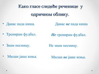 Како гласе следеће реченице у
                  одричном облику.

• Данас пада киша.          Данас не пада киша

• Тренирам фудбал.        Не тренирам фудбал.

• Знам песмицу.          Не знам песмицу.

• Милан јаше коња.        Милан не јаше коња.
 