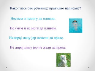 Како гласе ове реченице правилно написане?

Несмем и немогу да пливам.

Не смем и не могу да пливам.

Недирај мацу јер нежели да преде.

Не дирај мацу јер не жели да преде.
 