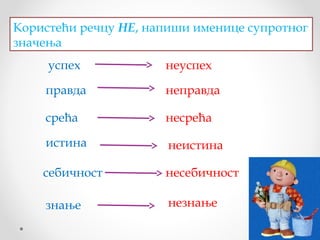 Користећи речцу НЕ, напиши именице супротног
значења
     успех            неуспех

    правда            неправда

    срећа             несрећа

    истина             неистина

    себичност         несебичност

    знање              незнање
 