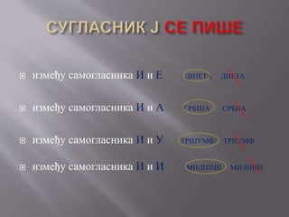  између самогласника И и Е ДИЈЕТА ДИЕТА
 између самогласника И и А СРБИЈА СРБИА
 између самогласника И и У ТРИЈУМФ ТРИУМФ
 између самогласника И и И МИЛИЈИН МИЛИИН
 